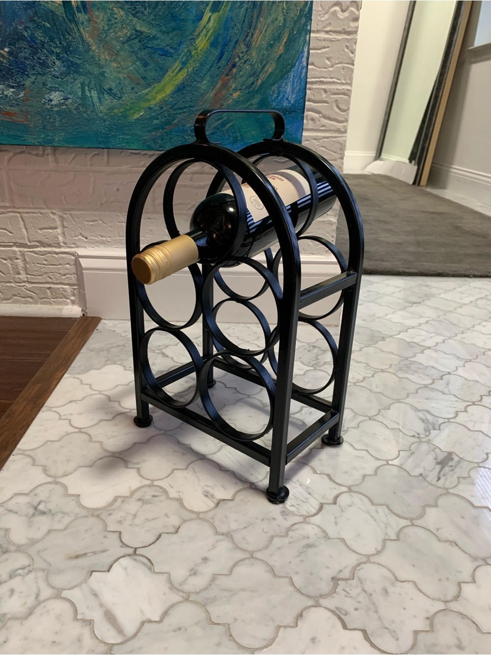Vintage Black Wrought Iron/Metal 5-Bottle Wine Rack - Compact Countertop Holder
